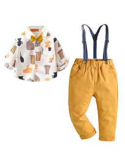 Hopscotch - Boys White and Khaki All-Over Print Shirt Pant Formal Set with Bow Suspender