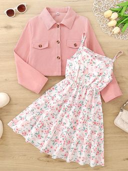Hopscotch - Girls Pink and White Floral Print Strappy Casual Dress with Jacket