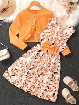 Hopscotch - Girls Orange and White Leaf Print Sleeveless Casual Dress with Shrug