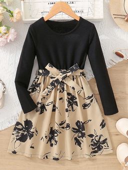 Hopscotch - Girls Black and Beige Floral Print Full-Sleeve Casual Dress with Belt