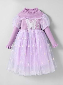 Hopscotch - Girls Purple Sequin Embellished Full-Sleeve Party Dress