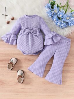 Hopscotch - Girls Purple Textured Onesie and Pant Set with Bow Applique