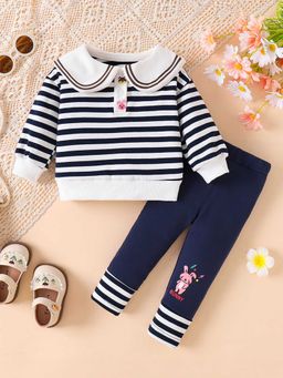 Hopscotch - Girls Navy and White Stripe Print Blouse Leggings Set