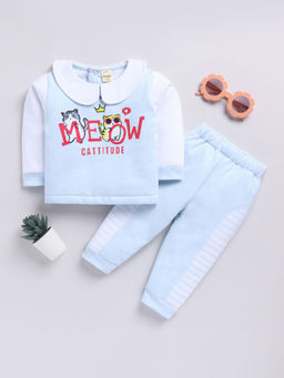Hopscotch - Girls Aqua and White Text Print Cotton T-Shirt Jogger Set
