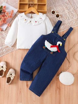 Hopscotch - Girls White and Navy Swan Applique Blouse Dungaree Set