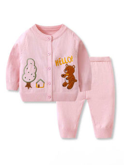 Hopscotch - Girls Pink Teddy Embroidered Full-Sleeve Sweater and Pant Set