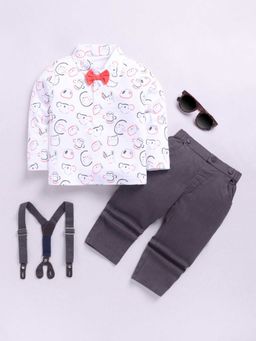 Hopscotch - Boys Grey and White Animal Print T-Shirt Pant Formal Set with Suspender