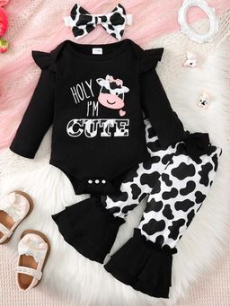 Hopscotch - Girls Black and White Cow Print Onesie Pant Set with Bow Headband
