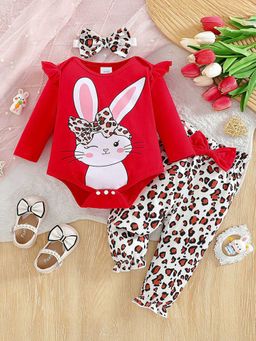 Hopscotch - Girls Red and White Bunny Print Onesie Pant Set with Bow Headband