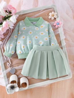 Hopscotch - Girls Mint Floral Print Sweatshirt and Pleated Skirt Set