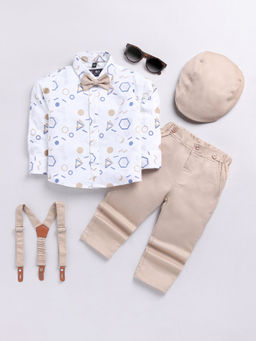 Hopscotch - Boys Beige and White Shirt Pants Formal Set with Bow, Cap Suspender