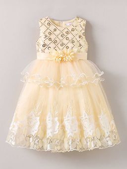 Hopscotch - Girls Cream Sequin Embellished Floral Applique Sleeveless Party Dress