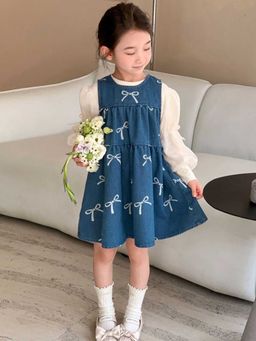 Hopscotch - Girls Blue and Beige Bow Print Sleeveless Casual Dress with Blouse