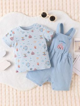 Hopscotch - Boys Blue All-Over Print T-Shirt and Dungaree Overall Set