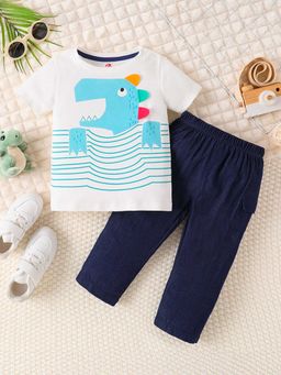 Hopscotch - Boys White and Navy Animal Applique T-Shirt Jeans Set