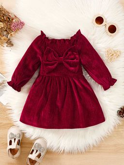 Hopscotch - Girls Burgundy Bow Applique Full-Sleeve Casual Dress