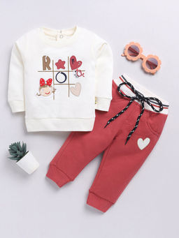 Hopscotch - Girls Cream and Red Heart Embroidered Cotton Sweatshirt Joggers Set