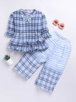 Hopscotch - Girls Blue Plaid Print Floral Applique Blouse and Pant Set