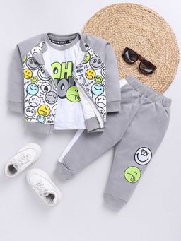Hopscotch - Boys Grey and White Graphic Print Cotton T-Shirt Joggers Set with Jacket