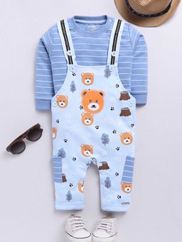 Hopscotch - Boys Blue Stripe Print Cotton T-Shirt and Dungaree Overall Set