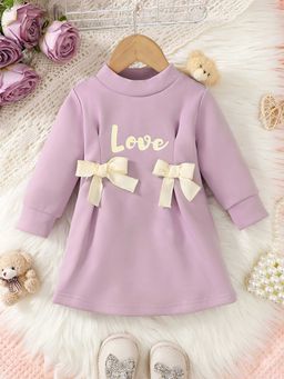 Hopscotch - Girls Lilac Text Print Full-Sleeve Casual Dress with Bow Applique