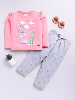 Hopscotch - Girls Pink and Grey Graphic Print Cotton T-Shirt Pant Set