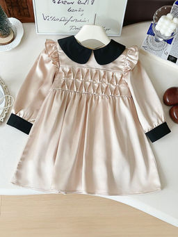Hopscotch - Girls Beige Solid Full-Sleeve Peter-Pan Collar Casual Dress