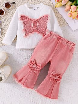 Hopscotch - Girls White and Pink Butterfly Patch-Work Blouse Jeans Set