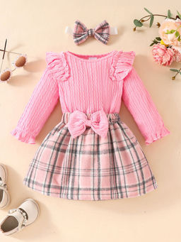 Hopscotch - 2-Piece Plaid Print Onesie and Skirt with Headband