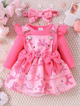 Hopscotch - 2-Piece Bow Print Onesie and Skirt with Hairband