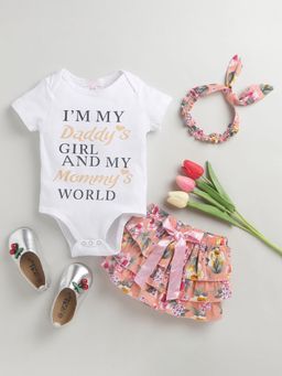 Hopscotch - Girls White Text Print Onesie and Skirt Set with Headband