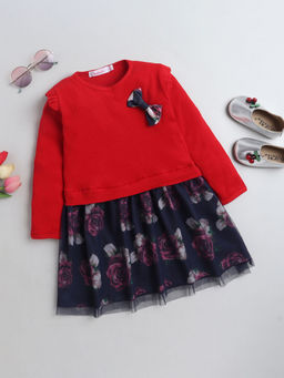 Hopscotch - Girls Red Full-Sleeve Floral Print Casual Dress