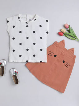 Hopscotch - Girls White Polka Dot Print T-Shirt and Skirt Set