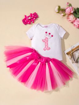 Hopscotch - Girls Fuchsia Stripe Print Slim Fit Onesie and Skirt Set