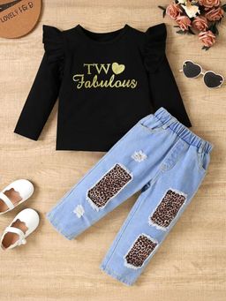 Hopscotch - Girls Black Text Print Jeans Set