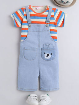 Hopscotch - Girls Blue Stripe Print T-Shirt and Dungaree Set