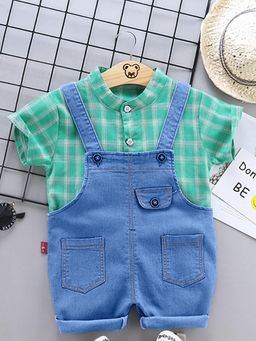 Hopscotch - Boys Green Checkered Shirt and Dungaree Set