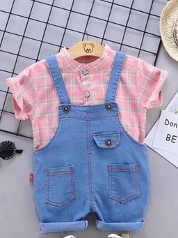 Hopscotch - Boys Peach Checkered Shirt and Dungaree Set