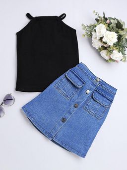 Hopscotch - Girls Black Solid T-Shirt and Skirt Set