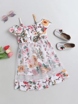 Hopscotch - Girls White Floral Print Casual Dress