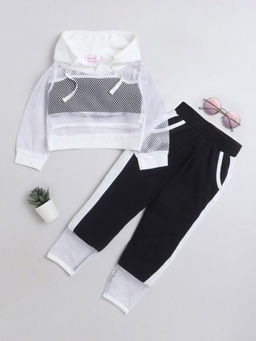 Hopscotch - Girls White and Black Solid Cami, Hoodie Joggers Set