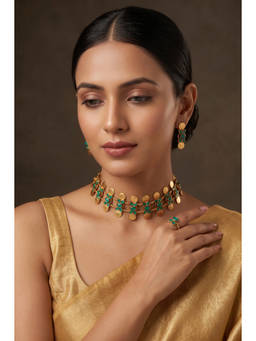 Beryachi - Green South Indian Heritage Coin Jewellery Set