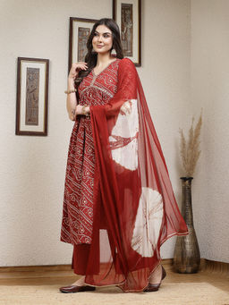 Stylum - Women's Rust Bandhani Printed Rayon Naira Cut Kurta with Palazzo & Dupatta (Set of 3)
