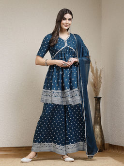 Stylum - Women's Teal Printed Naira Cut Rayon Kurta with Palazzo & Dupatta (Set of 3)