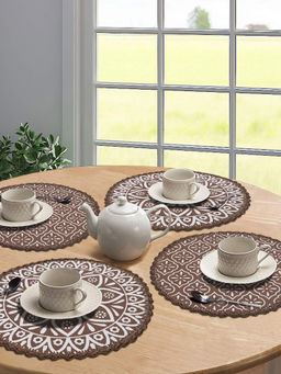Saral Home - Cotton Crochet Antiskid Printed Table Mat set of 4 pc Brown