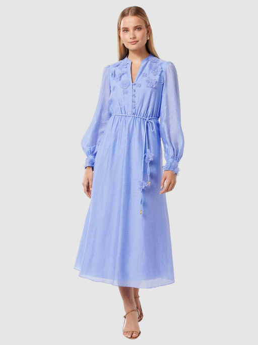 Buy Forever New Women Blue Embroidered Midi Dress with Belt (Set of 2) Online Buy Forever New Women Blue Embroidered Midi Dress with Belt (Set of 2) Online