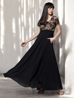 Miss Chase - Women Black Self Design Maxi Dress