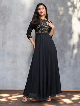 Miss Chase - Women Black Self Design Maxi Dress