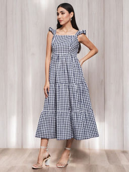 Miss Chase - Women Blue Checks Midi Dress