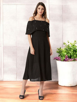 Miss Chase - Women Black Solid Midi Dress